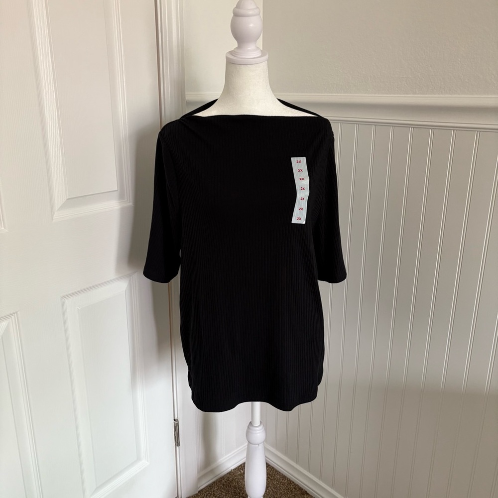NWT Black Old Navy Bateau Neckline Ribbed Top with 3/4 Sleeves size 2X